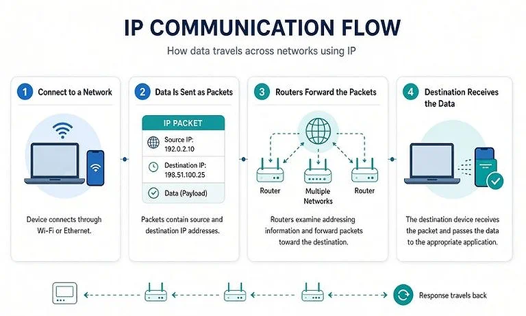 IP communication workflow showing how packets travel between source and destination devices.