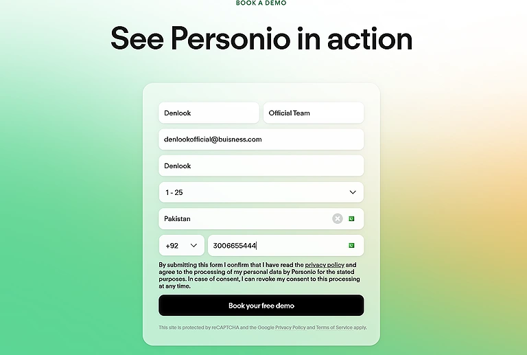 The initial step for Personio onboarding: Registering to request a platform demo account.