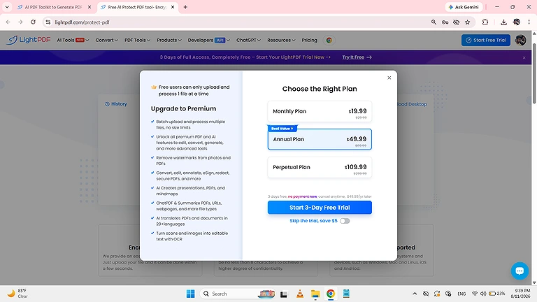 LightPDF allows 3 files per day and 1 file per task in its free version.