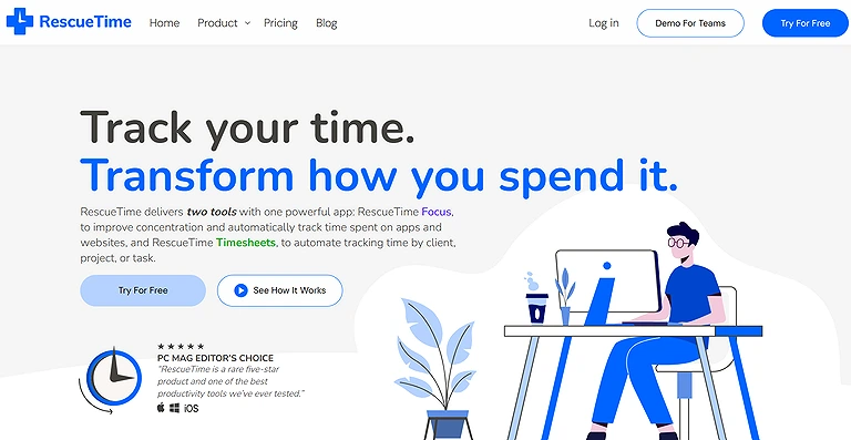 Official source view of RescueTime—automatic, background time-tracking designed to give you an honest look at your focus habits