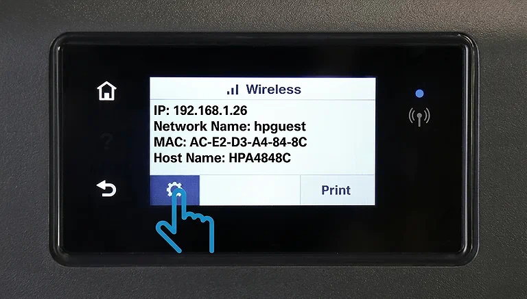 Printer control panel displaying the wireless network status and IP address 192.168.1.26.