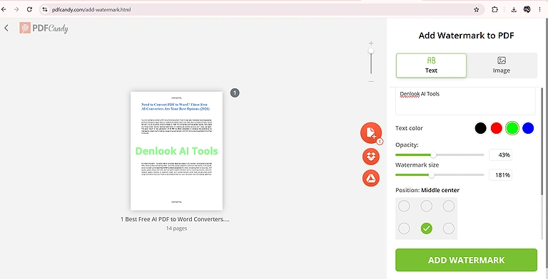 PDF Candy showing watermark control with fixed positions and also image to add as watermark