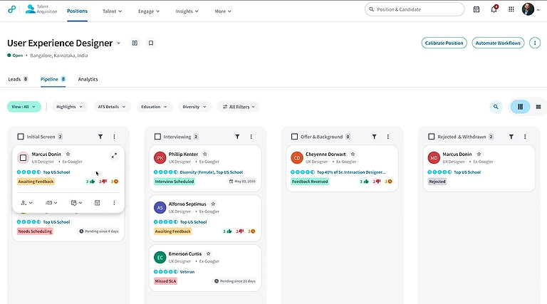 Eightfold candidate experience pipeline showing automated scheduling status, active applications, and milestone progression tracking.