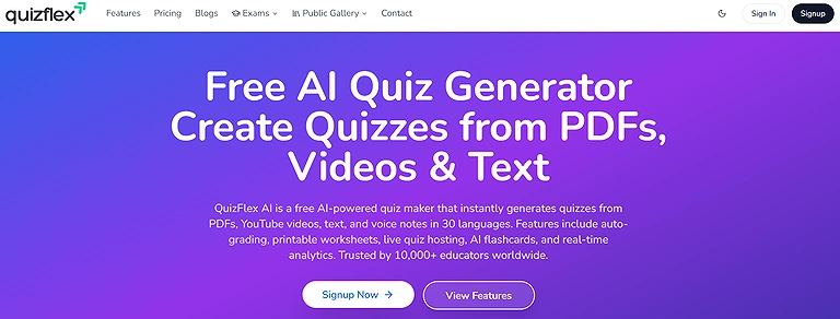 QuizFlex AI: Official platform preview highlighting dynamic test generation, customizable quiz structures, and automated educational content scaling.