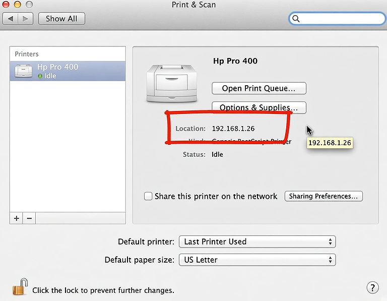 Hp Pro 400 printer configured with IP address 192.168.1.26 in macOS Print & Scan settings.