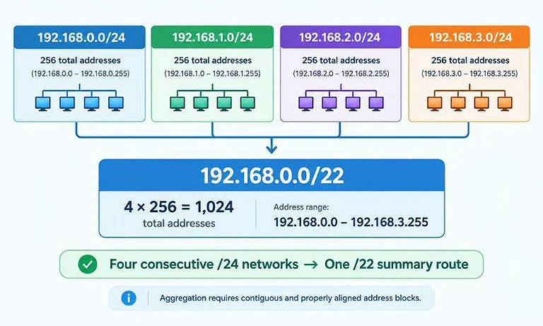 Four consecutive /24 networks aggregated into one /22 summary route.