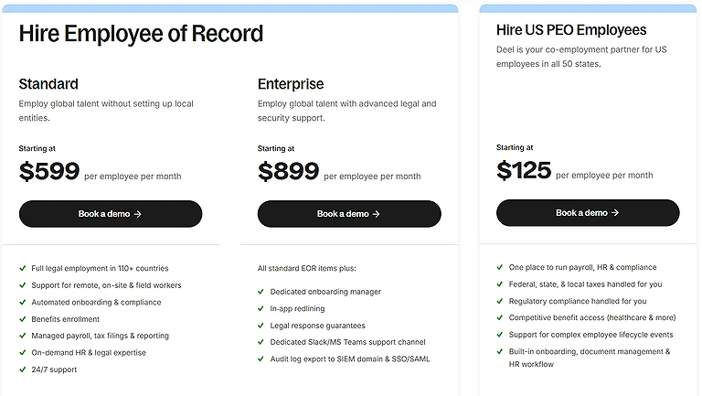 Deel platform pricing tiers, featuring Contractor Management and Employer of Record (EOR) rates.