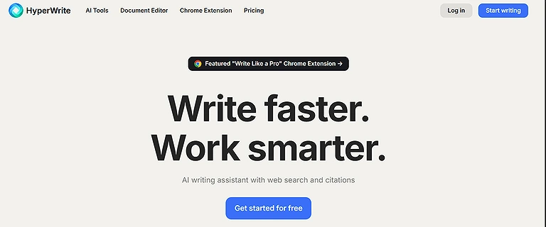 HyperWrite: Official platform view highlighting its multi-functional AI writing assistant, document summarizer, and template-based content generator.