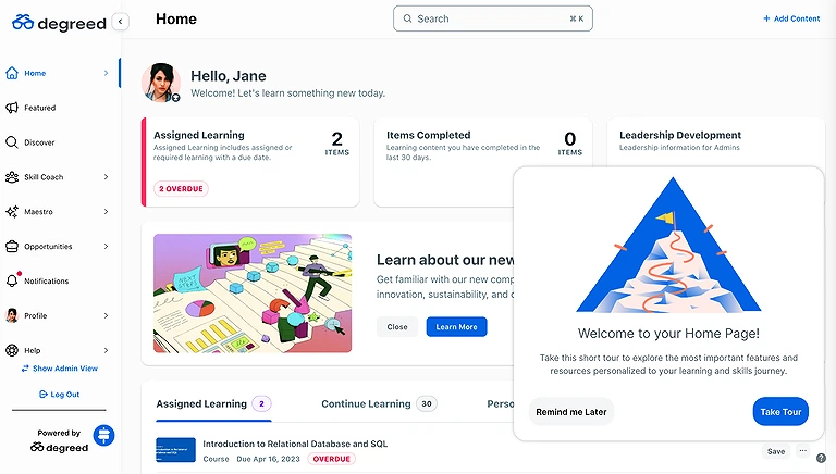 Overview of the modern, personalized user learning interface within the Degreed enterprise platform.