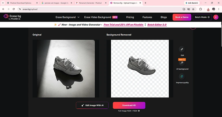Erase.bg Completely removed the natural shoe shadow, leaving a clean and isolated footwear image.