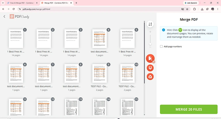PDF Candy continuous page numbering from 1 to 76, easy to drag and drop any page into your  order.