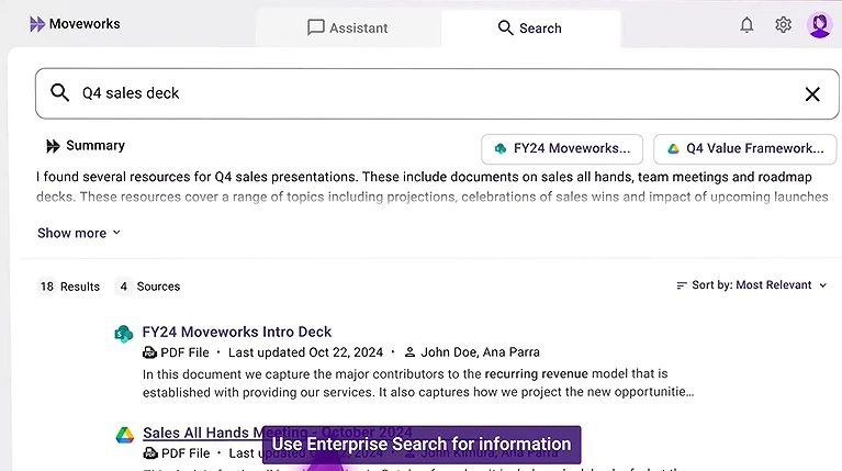 An interface screenshot Moveworks overview showing the AI assistant in action, with a prominent search bar at the center, query results populating instantly