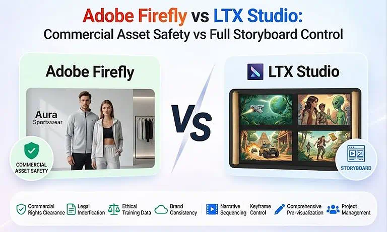 Cover Photo Adobe Firefly vs LTX Studio: Commercial Asset Safety vs Full Storyboard Control