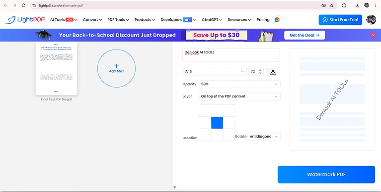 Watermark position controls with a live preview showing how the watermark appears on the page.