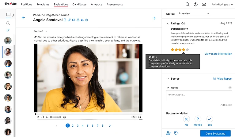 The HireVue candidate interface during a practice interview simulation.