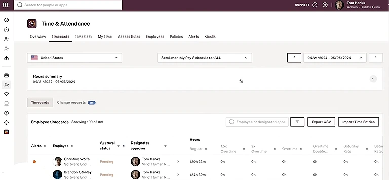 Rippling Time & Attendance shows real-time employee hours and attendance at a glance.