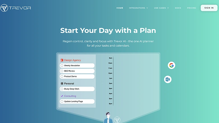 Official source view of Trevor AI—the human-in-the-loop assistant designed to turn overwhelming to-do lists into clear, time-blocked action plans
