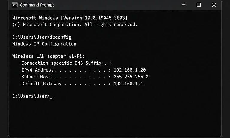 Image showing the `ipconfig` command in Windows Command Prompt to find the device’s IP address.