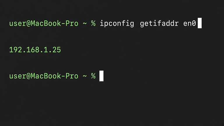 Run ipconfig getifaddr en0 in Terminal to quickly find your Mac's private IPv4 address.