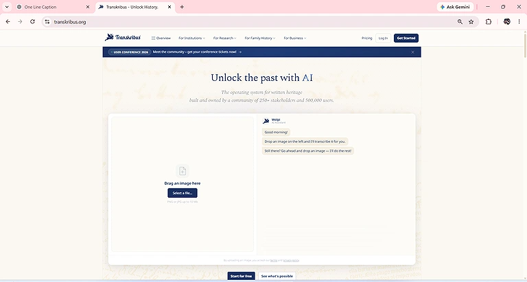 Transkribus AI interface to upload handwritten or historical documents to generate AI-powered transcriptions.