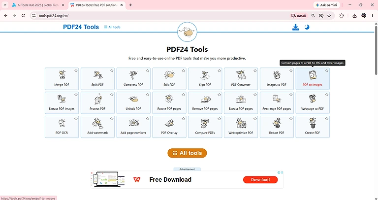 PDF24 Tools home page showing to choose PDF to Images or Images to PDF before starting the conversion
