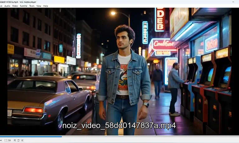 Noiz AI-generated 1980s-style video featuring neon-lit streets, retro fashion, and vintage city details.