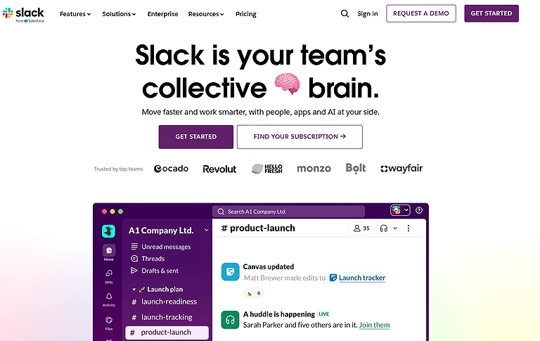 Official source view of Slack—the collaborative hub designed to bring team communication, file sharing, and app integrations into one stream.