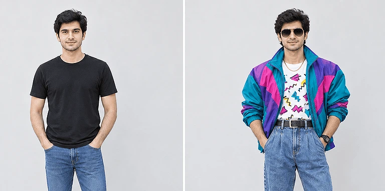 ChatGPT transformed the modern outfit into 80s look while preserving the person’s identity and facial features.