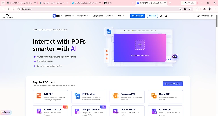 The official HiPDF page that provides access to all PDF tools (convert, edit, compress, merge, split, OCR, etc.)