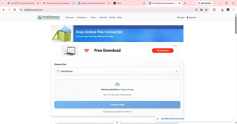 FreeFileConvert provides a simple interface for uploading and converting multiple files.