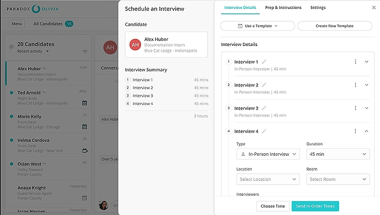Image showing the Automates interview scheduling, calendar coordination, reminders, rescheduling, and hiring event logistics while minimizing recruiter involvement across compl of Paradoxex hiring processes.