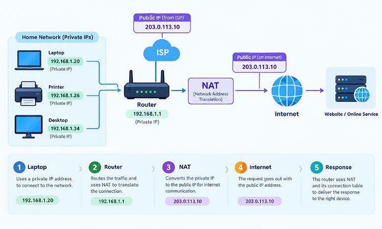 Image showing How Public and Private IP Addresses Work Together in a flow.