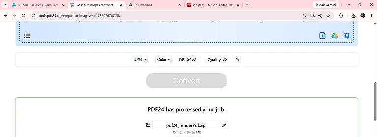 Select the output format, color mode, DPI, and image quality (0–100%) after uploading the PDF in PDF24