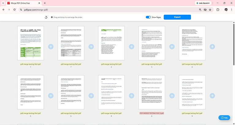 Pages from both PDF files are color-coded and together, easy to rearrange them into your preferred order