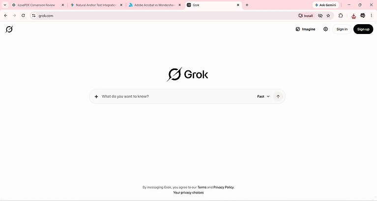 Grok AI homepage featuring a clean interface for asking questions, and generating AI-powered responses.