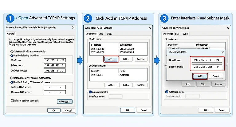 Image showing how to add multiple IP addresses to a single network interface using the same subnet mask.