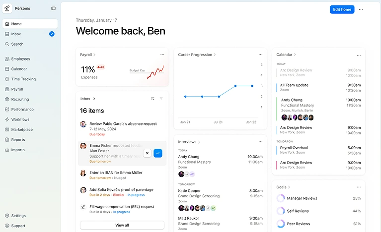 Personio employee portal interface, showing an active user profile analytics