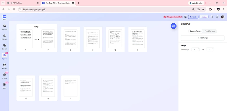 HiPDF offers Fixed Range for equal page division and Custom Range for selecting specific start to end pages.