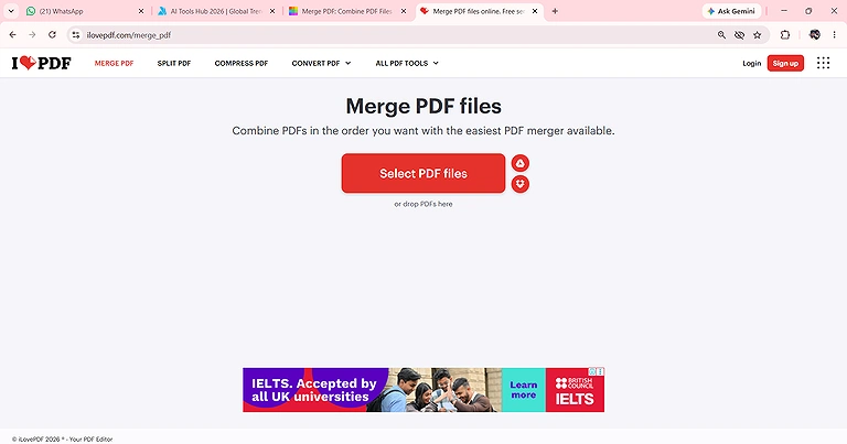 Selecting a PDF file to merge on iLovePDF