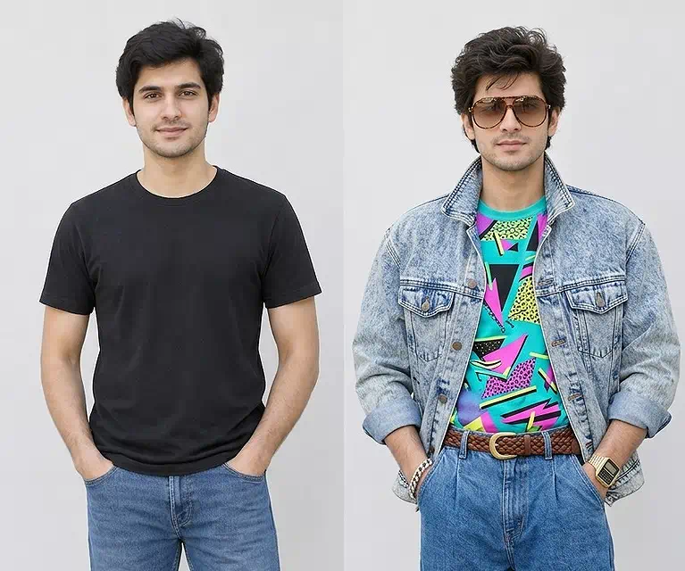In left side modern casual look in right side an authentic 1980s acid-wash denim outfit.