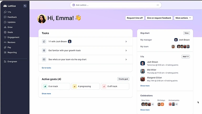 Overview of the Lattice platform user homepage interface for Emma Howard.