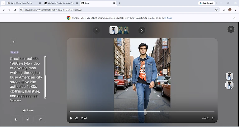 Pika-generated 1980s-style video featuring retro fashion, vintage cars, and a cinematic city street scene.
