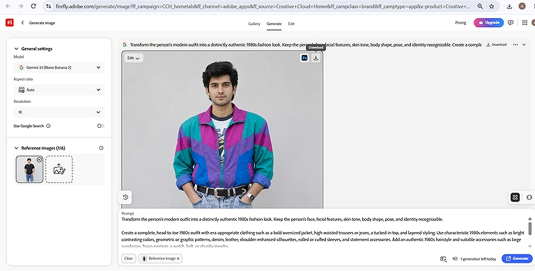 Adobe Firefly transformed the modern outfit into a recognizable 80s fashion look with bold colors