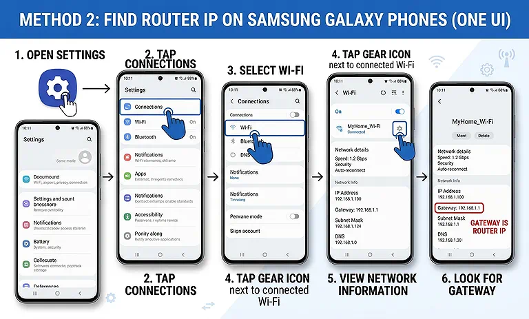 Step-by-step guide showing router's IP address (Gateway) on a Samsung Galaxy phone