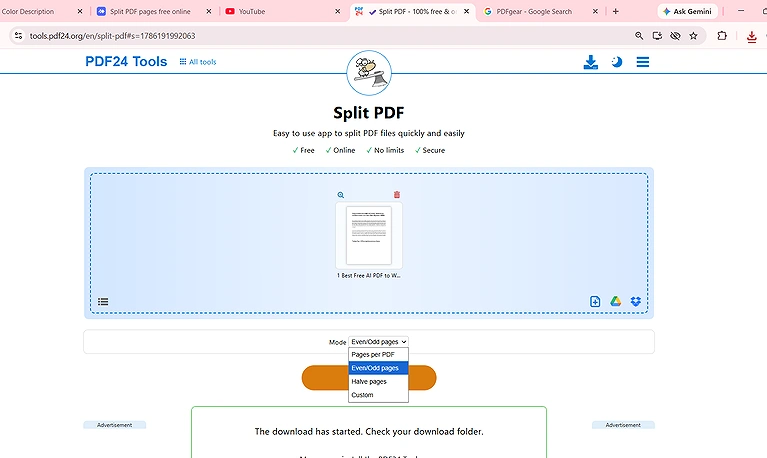 Choose a splitting method: Pages per PDF, Even/Odd Pages, Custom Range, or Halve Pages
