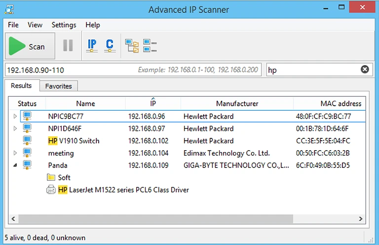 Image showing Advanced IP Scanner detecting network devices and shared resources.