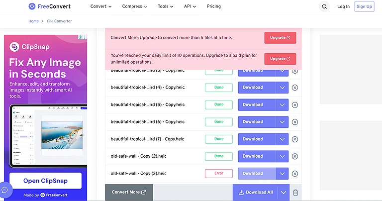 FreeConvert’s free plan allows 10 files per day, while the upgrade option supports 5 additional files per batch.