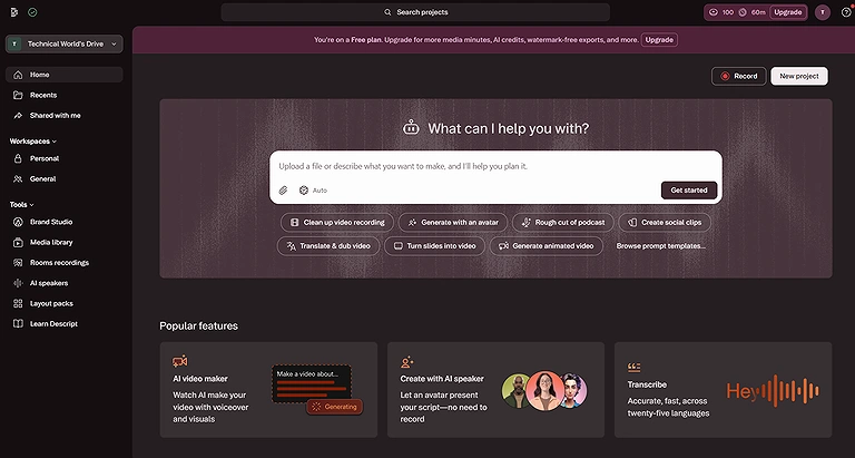 A preview of the Descript platform interface.