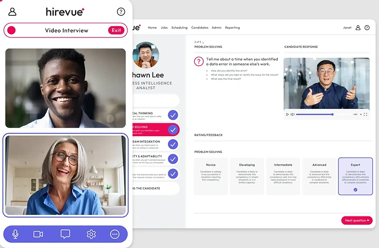 The HireVue candidate interface during a practice interview simulation for mobile and desktop.