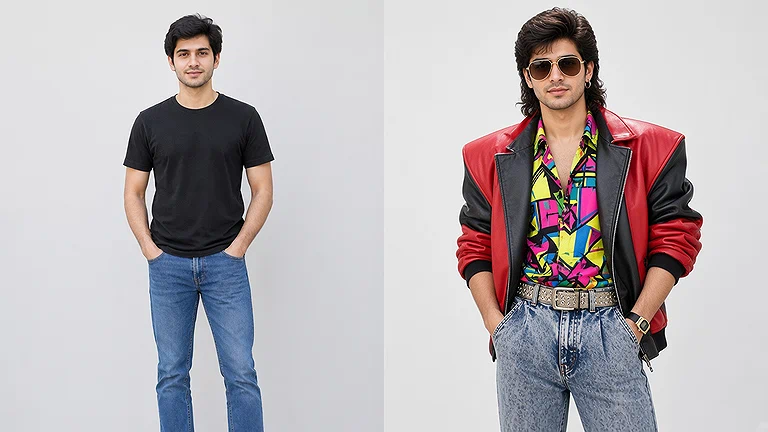 Modern casual style transformed into a bold, authentic 1980s look with leather jacket